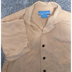 Bermuda Bay Hawaiian Silk Shirt Mens Medium Floral Geometric Pattern Orange Suny